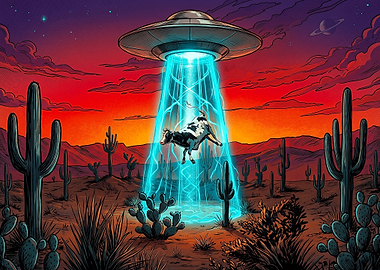 UFO Abducting a Cow in Desert