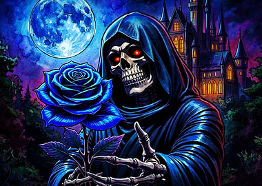 Grim Reaper Holding Blue Rose