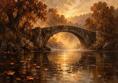 Autumn Stone Bridge at Sunset