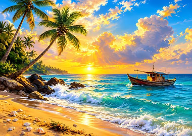Tropical Beach Sunset with Fishing Boat