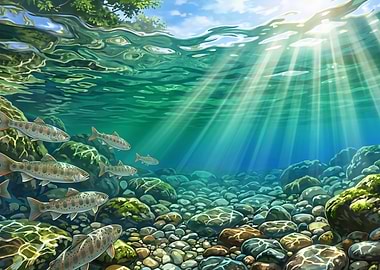 School of Trout in Clear Stream