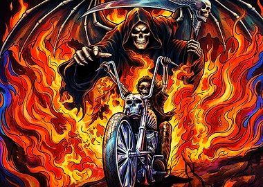 Grim Reaper Riding Flaming Motorcycle