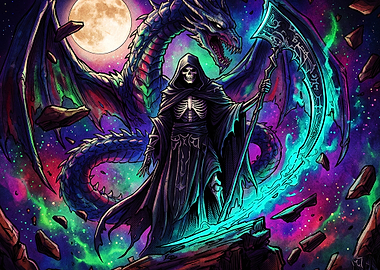 Grim Reaper and Dragon Fantasy Art
