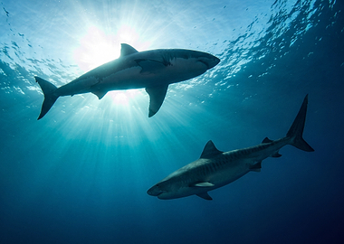 Two Sharks Swimming Underwater