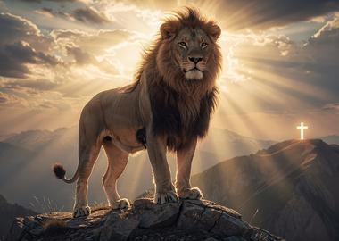 Majestic Lion Standing on Mountain Peak
