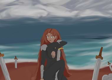 Anime Warrior Girl on Sword Beach
