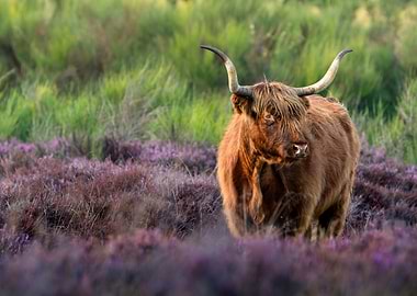 Highland Cow in Purple Heather Field