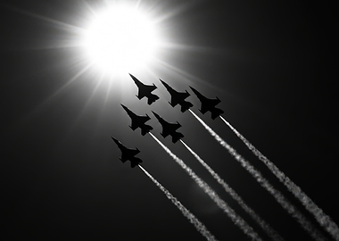 Fighter Jet Formation Against Sun