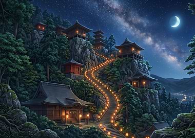 Illuminated Japanese Temple Mountain Path