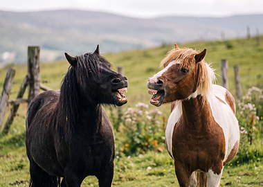 Two Horses Laughing in a Field