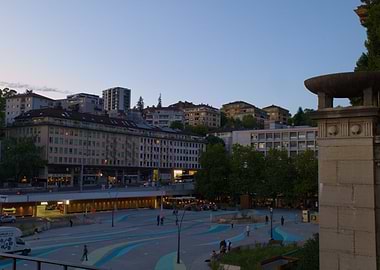 Lausanne Flon Evening City Square with Painted Ground