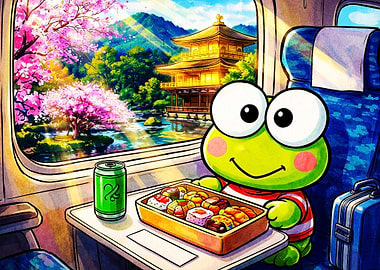 Frog Train Japan Cherry Blossom Art