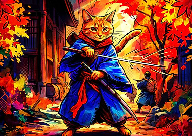 Samurai Cat Ninja Anime Art Poster