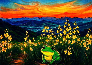 Frog Sunset Landscape Watercolor Ar