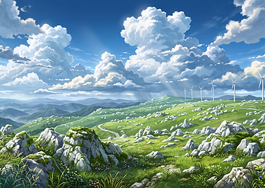 Scenic Green Hills with Wind Turbines