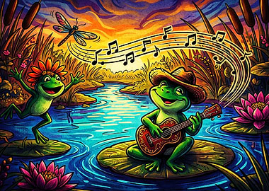 Frog Guitar Music Colorful Art Post