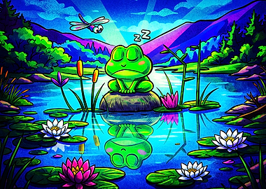 Sleeping Frog Pond Cute Art Poster