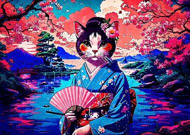 Cat Geisha Japanese Art Poster