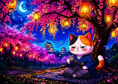 Samurai Cat Blossom Night Poster
