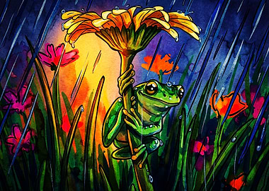 Frog Rainflower Watercolor Art