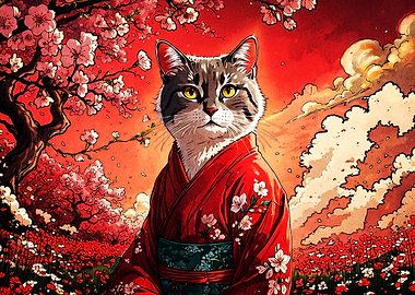 Samurai Cat Kimono Sakura Art