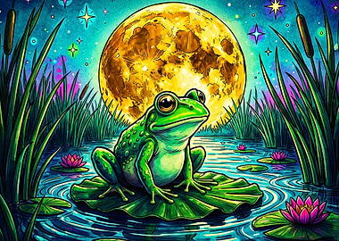 Frog Moon Night Cosmic Art Poster