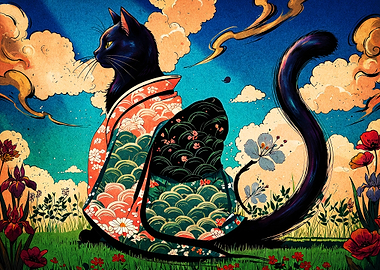 Black Cat Kimono Japanese Ukiyo-e