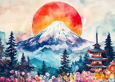 Watercolor Mount Fuji and Pagoda Landscape