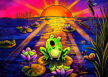 Frog Pond Sunrise Vibrant Art Poste