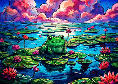 Frog Lotus Pond Watercolor Art Post