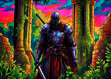 Knight Ruins Acid Art Poster