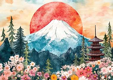 Watercolor Mount Fuji and Pagoda Landscape
