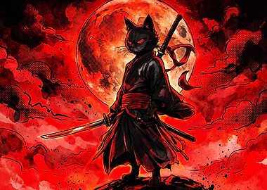 Cat Samurai Red Moon Anime Art