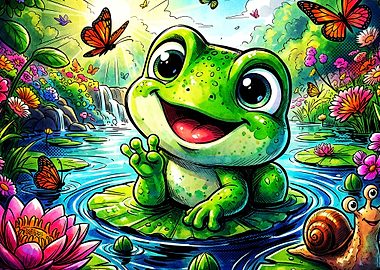 Cute Frog Pond Butterfly Art Poster