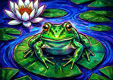 Frog Lotus Pond Colorful Art Poster