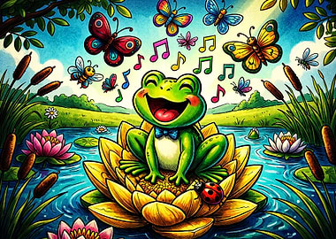 Singing Frog Lily Pad Cute Art