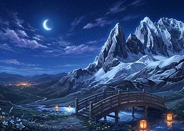 Moonlit Mountain Bridge Landscape