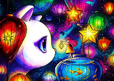 Cat Galaxy Lantern Cosmic Dream Art