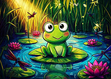 Cute Frog Pond Lily Pad Art Poster