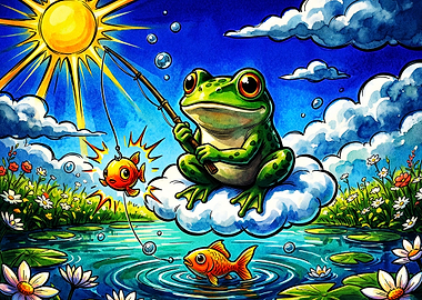 Frog Fishing Fantasy Watercolor Art