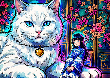 Giant White Cat Anime Art Poster