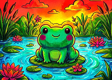 Cute Frog Pond Sunset Cartoon Poste