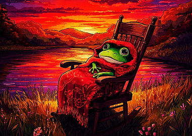 Frog Cozy Sunset Rocking Chair Art