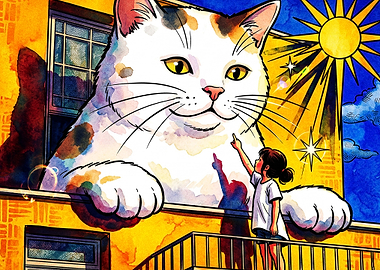 Giant Cat Window Watercolor Art
