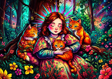 Cat Guardian Forest Psychedelic Art
