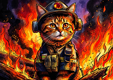 Firefighter Cat Hero Watercolor Art