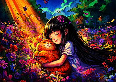 Girl Cat Hug Floral Fantasy Poster