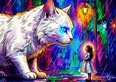 Giant Cat Girl Rain Neon Watercolor
