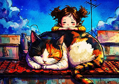 Anime Cat Girl Rooftop Art Poster