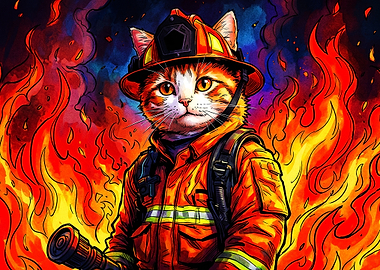 Firefighter Cat Hero Watercolor Art